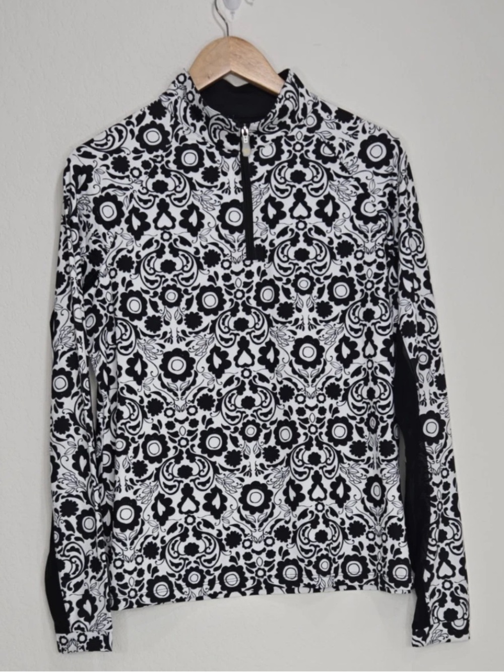 Kastel Denmark 1/4 Zip Long Sleeve Top Sun Shirt Black White Floral XL Womens